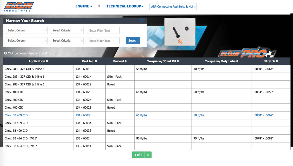 Elgin's new eCatalog Technical Lookup search feature