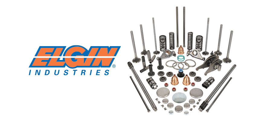 Elgin Industries logo next to a grouping of Elgin heavy duty engine parts.