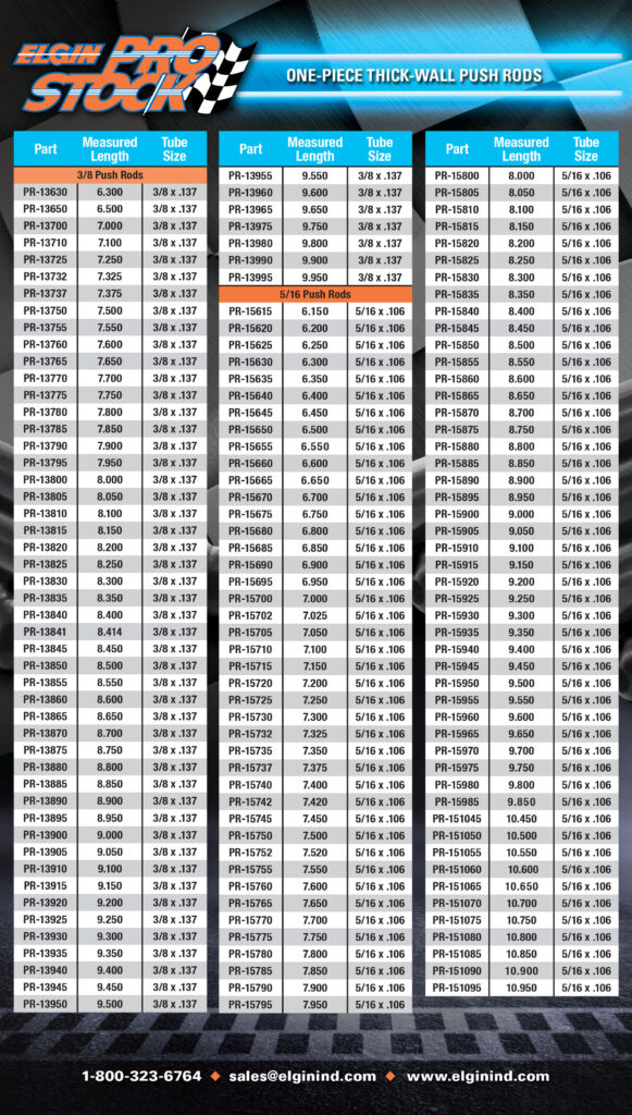 one piece push rods elgin size chart 1